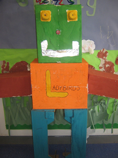 shown is a photo of a recycle robot made by the children at Daventry childrens nursery during their recycle week
