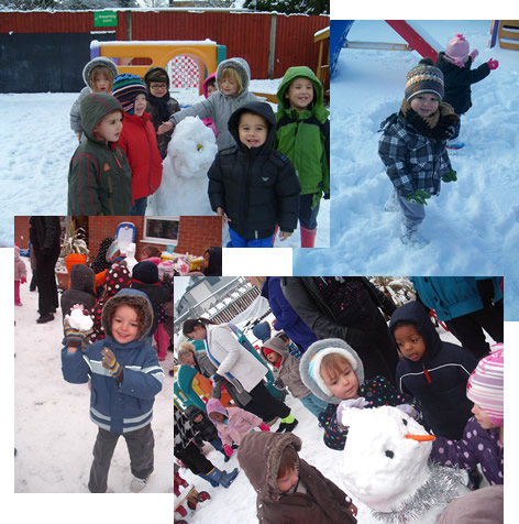 Children at their nurseries, playing in the snow