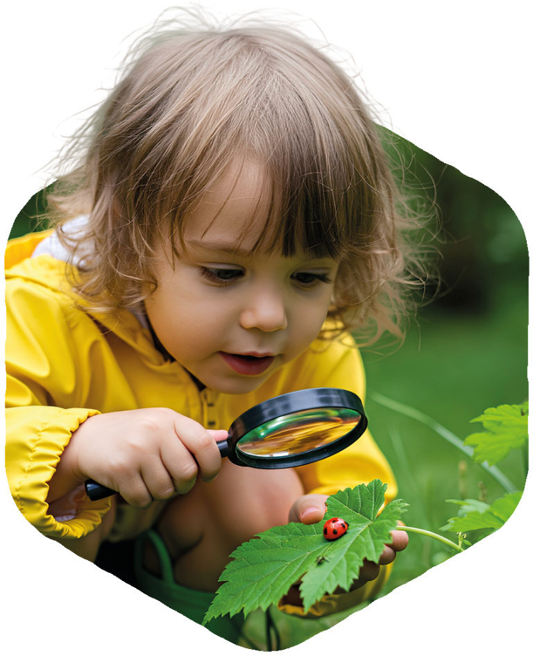 Child in yellow raincoat outside with magnifying glass looking at ladybird on a leaf